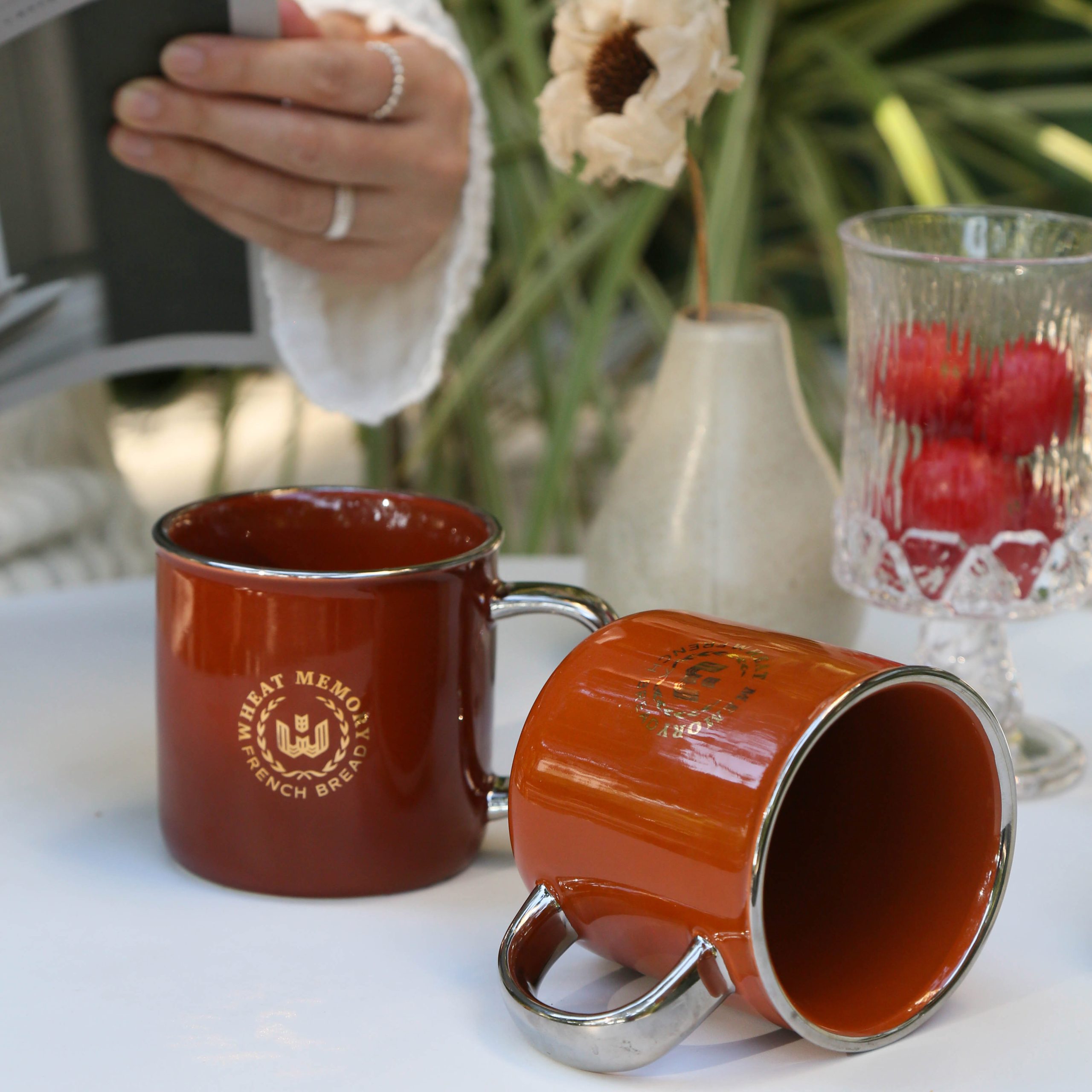 Vintage Brown Coffee Cup with Silver Rim and Handle - Image 3