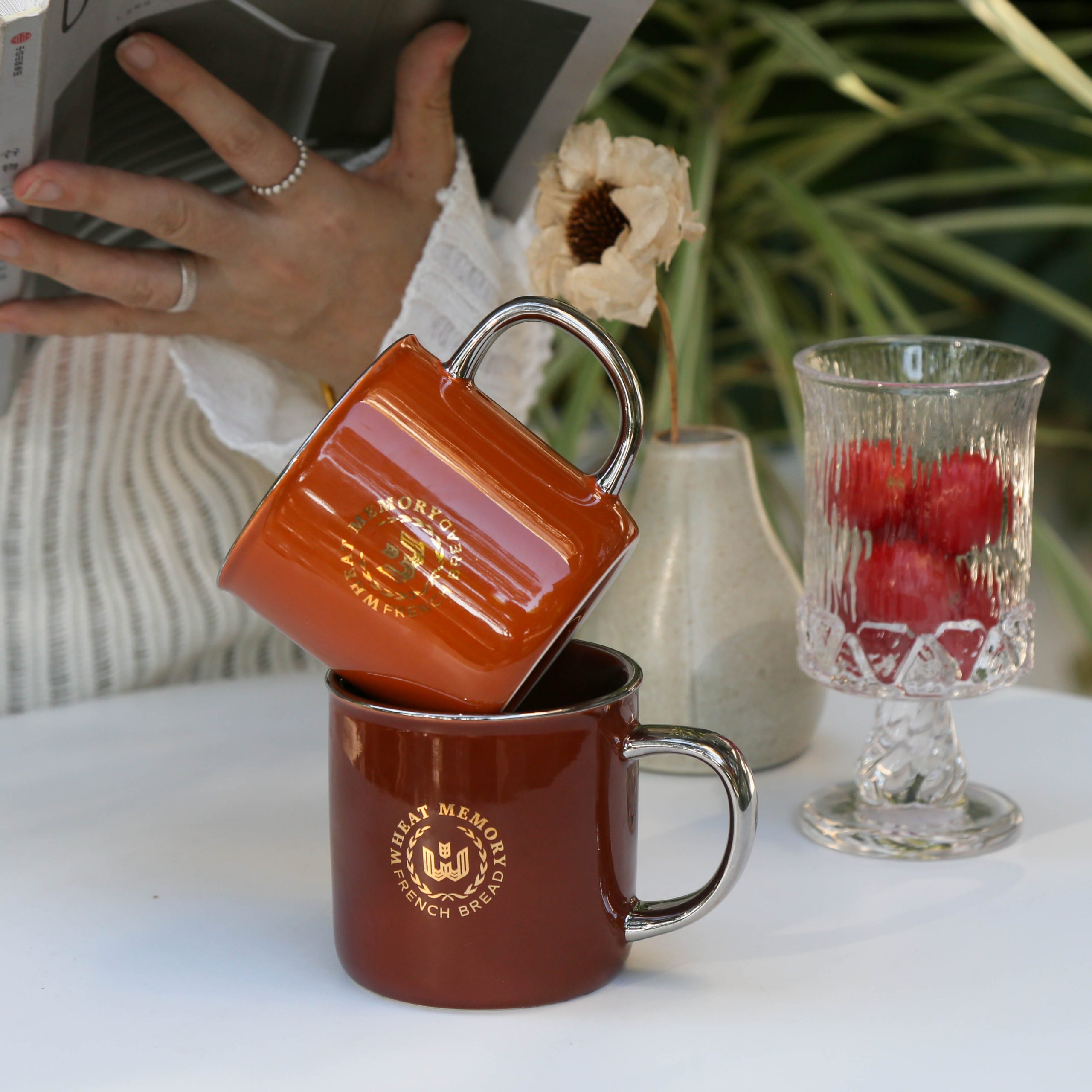 Vintage Brown Coffee Cup with Silver Rim and Handle - Image 4