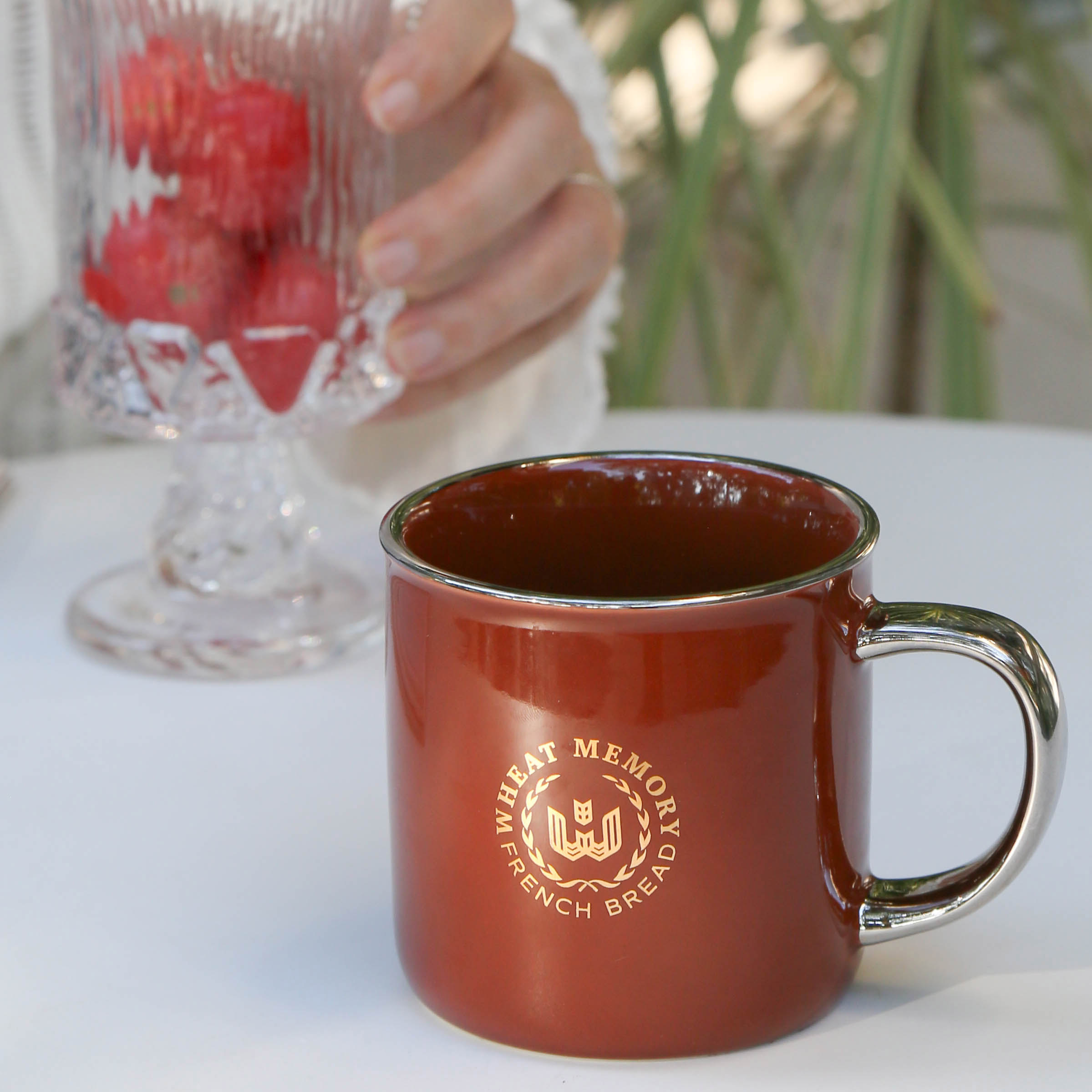 Vintage Brown Coffee Cup with Silver Rim and Handle - Image 5